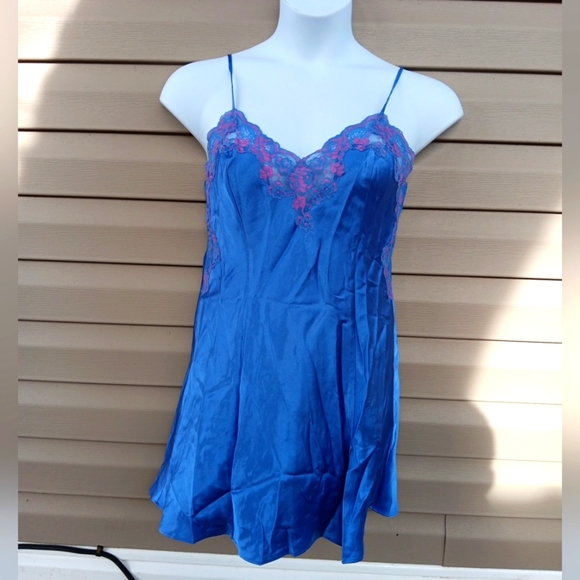 Frederick's of Hollywood Blue Camisole with Pink Lace 90s Vintage - Picture 1 of 4